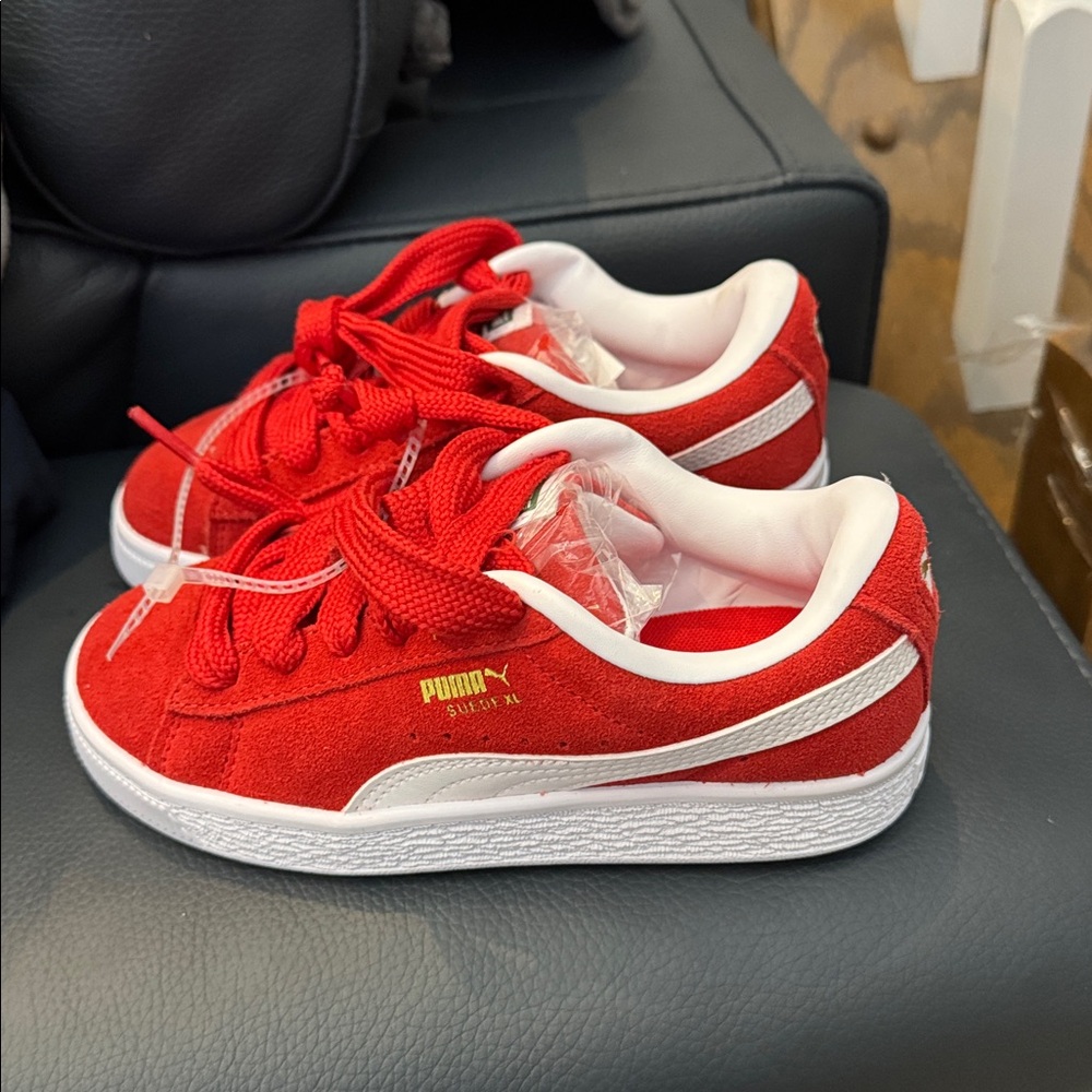 Puma Kids Red and White Suede Sneakers